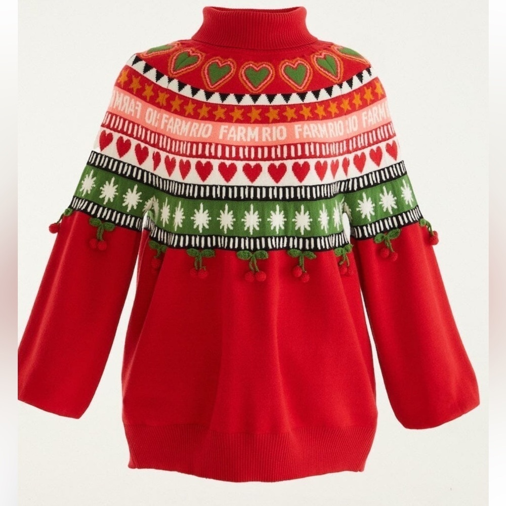 FARM Rio Red and Green Heart Pattern Turtleneck Sweater Size XS